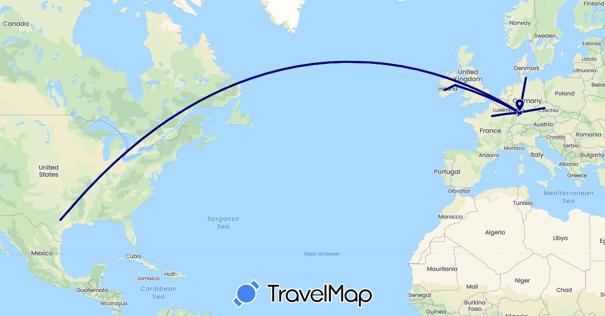 TravelMap itinerary: driving in Belgium, Czech Republic, Germany, France, Ireland, United States (Europe, North America)